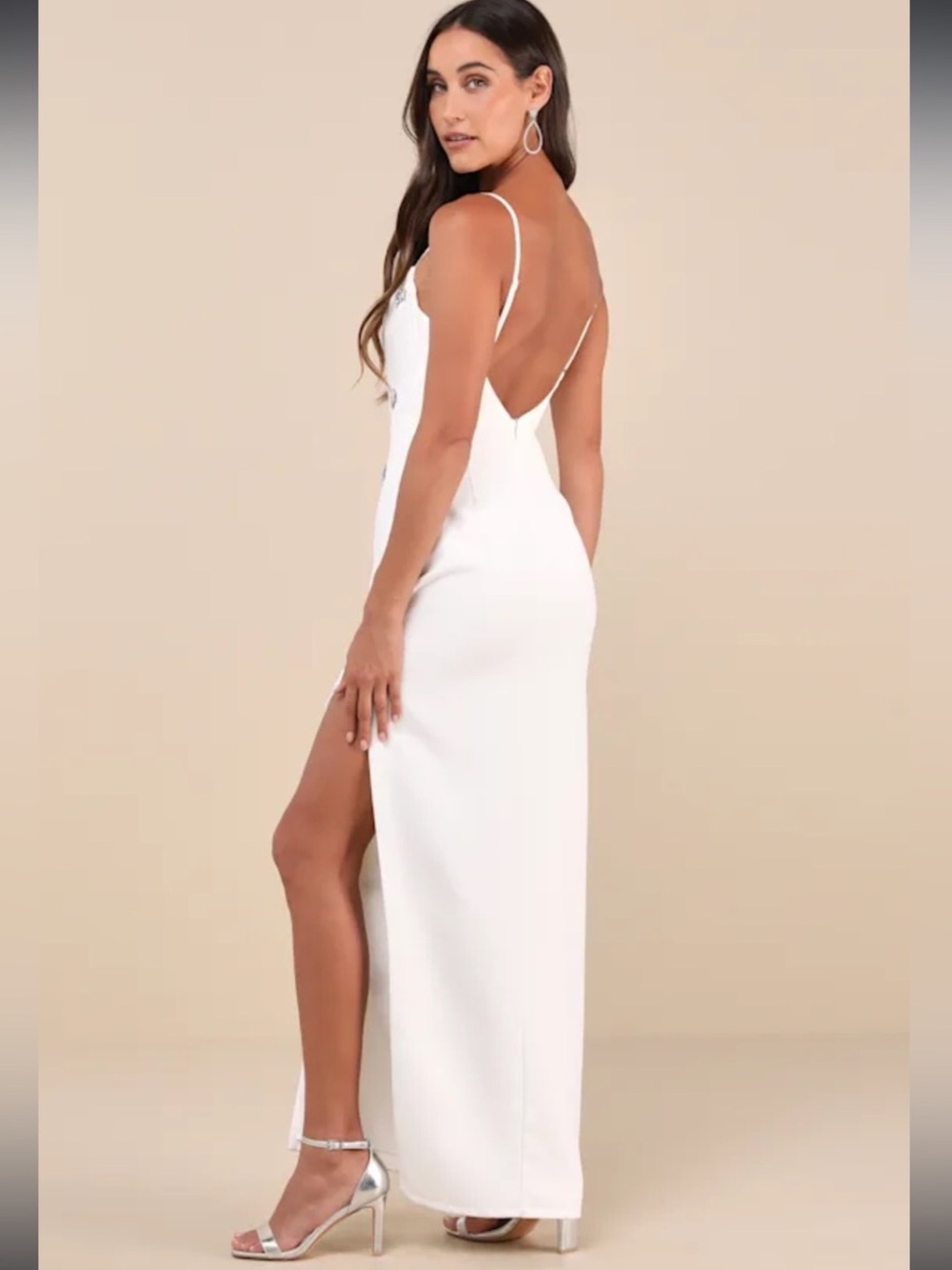 White Embellished Spaghetti-Strap Evening Gown - Picture 3 of 15